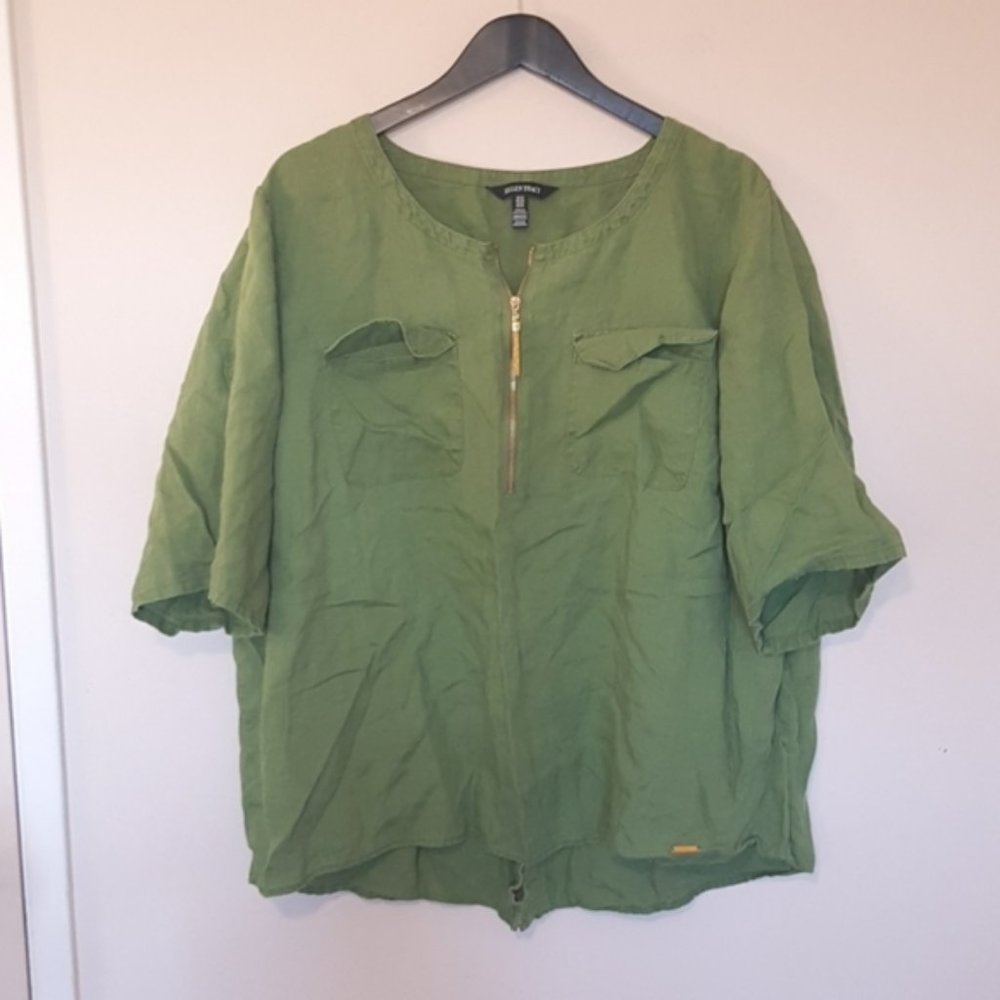 Ellen Tracy linen  grass green casual fit gold zip detail blouse